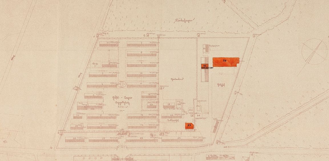 Direkt neben dem Appellplatz befindet sich die Küche mit Anbau. Plan der SS-Bauleitung von 1943 (Stadt- und Kreisarchiv Paderborn, Kreisarchiv, BÜR A 1447).